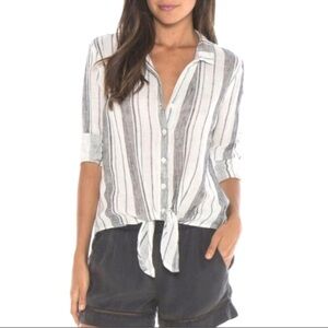 Bella Dahl Black White Striped Linen Cotton Tie Front Blouse Top Shirt s…